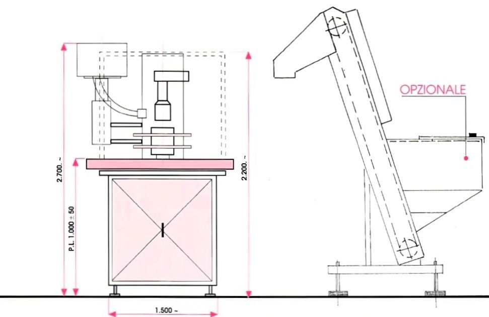 Schema tecnico di un tappatore monotesta con misure dettagliate.