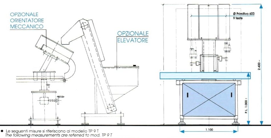 Schema tecnico di un tappatore rotativo con misure dettagliate.